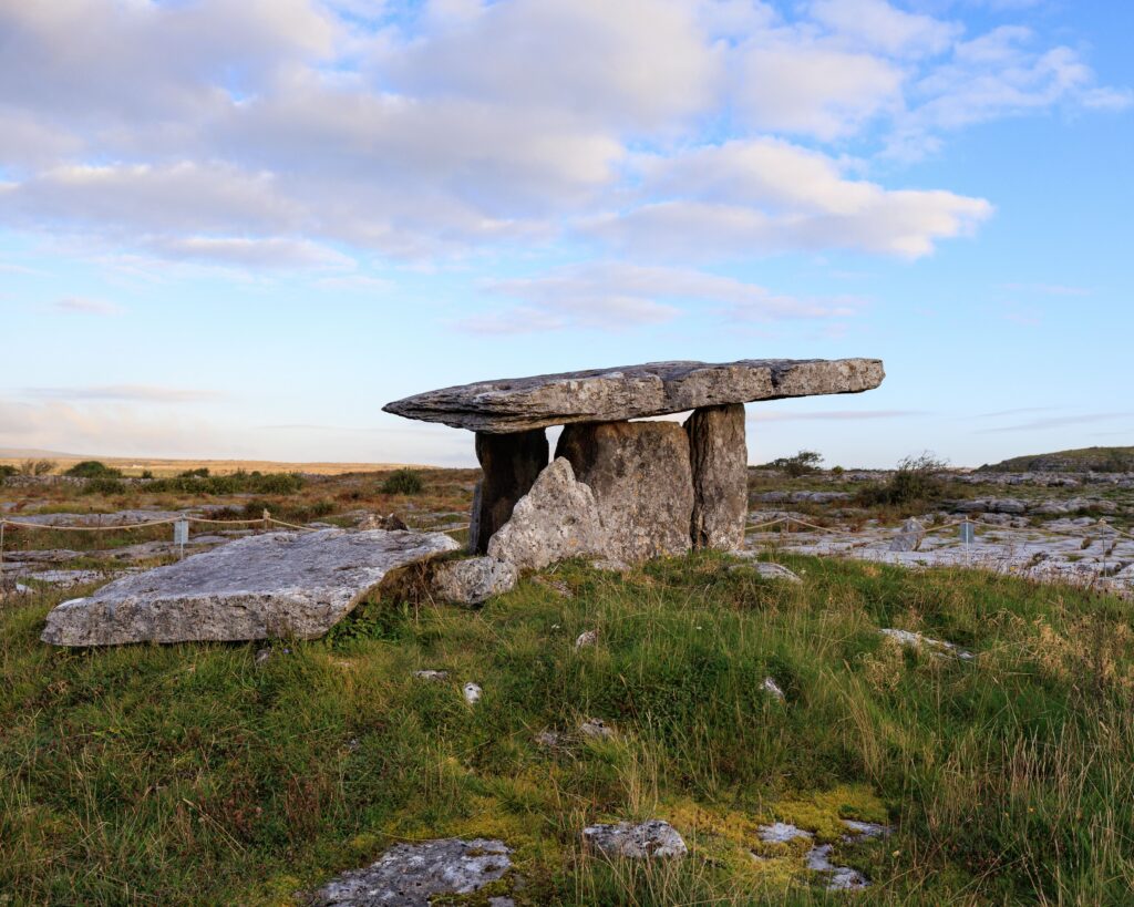 Scenic view of the ancient Poulnabrone Dolmen tomb located in the Burren, Ireland.